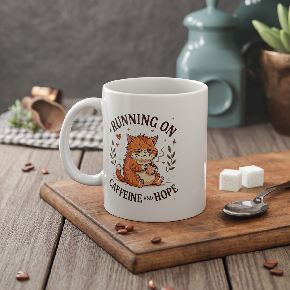 Running on Caffeine and Hope Cat Mug – Funny Coffee Lover Mug