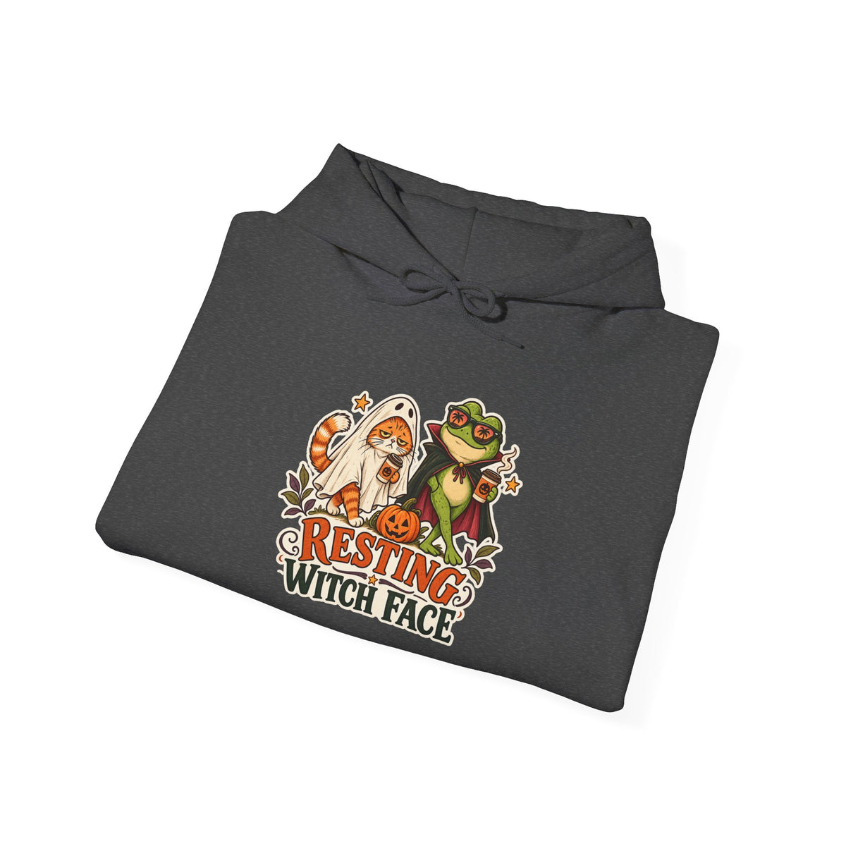 Resting Witch Face Cat and Frog Halloween Hoodie