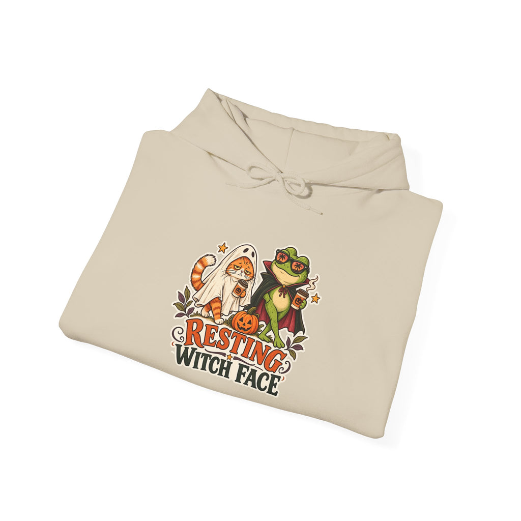 Resting Witch Face Cat and Frog Halloween Hoodie