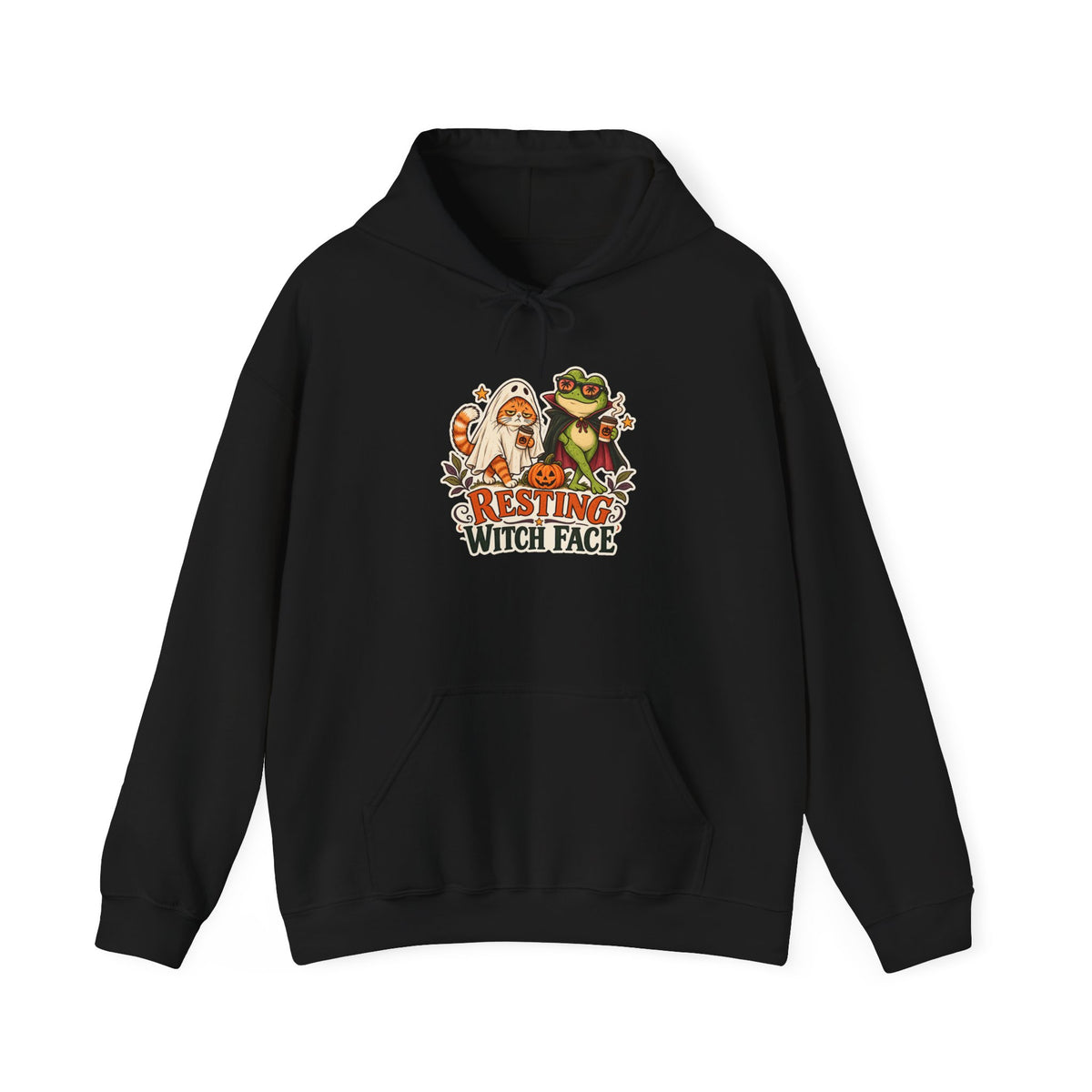 Resting Witch Face Cat and Frog Halloween Hoodie