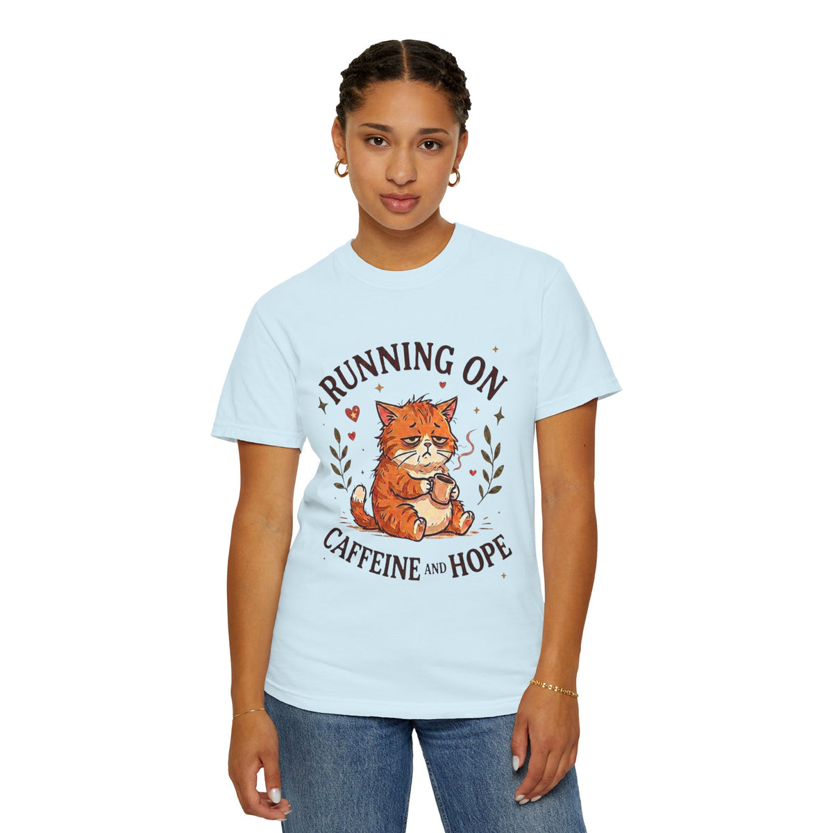 Running on Caffeine and Hope Cat T-Shirt – Funny Coffee Lover Tee