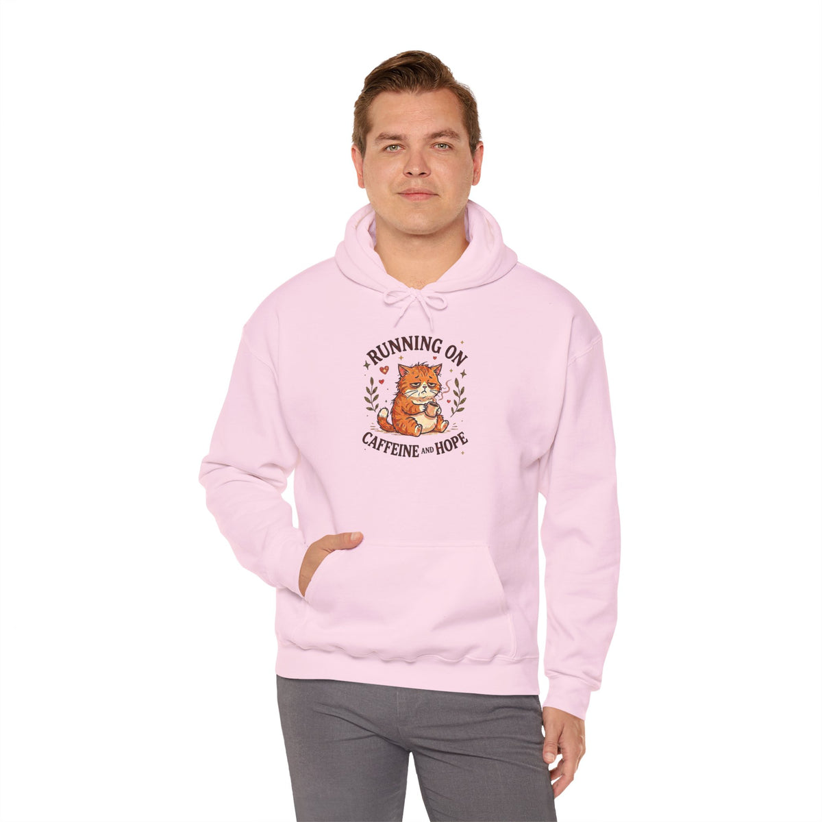 Running on Caffeine and Hope Cat Hoodie – Funny Coffee Lover Hoodie