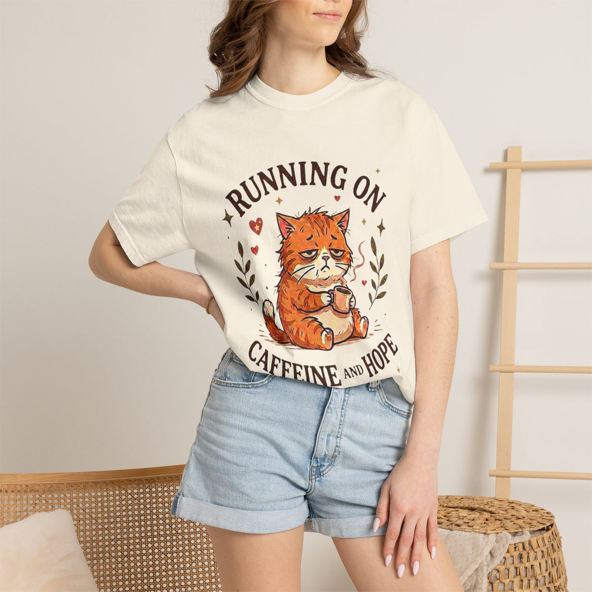 Running on Caffeine and Hope Cat T-Shirt – Funny Coffee Lover Tee