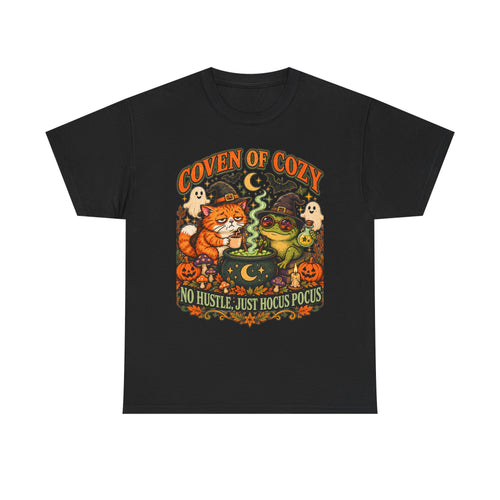 Coven of Cozy Cat & Frog Halloween T-Shirt – Cute Witchy Tee