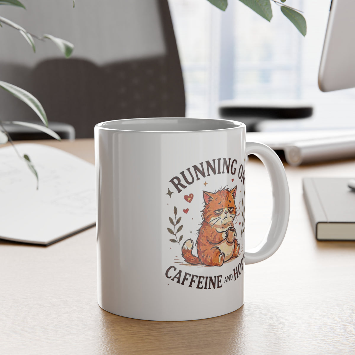 Running on Caffeine and Hope Cat Mug – Funny Coffee Lover Mug