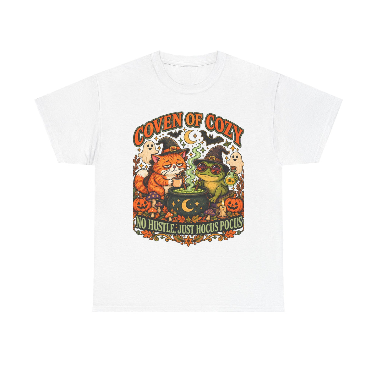 Coven of Cozy Cat & Frog Halloween T-Shirt – Cute Witchy Tee