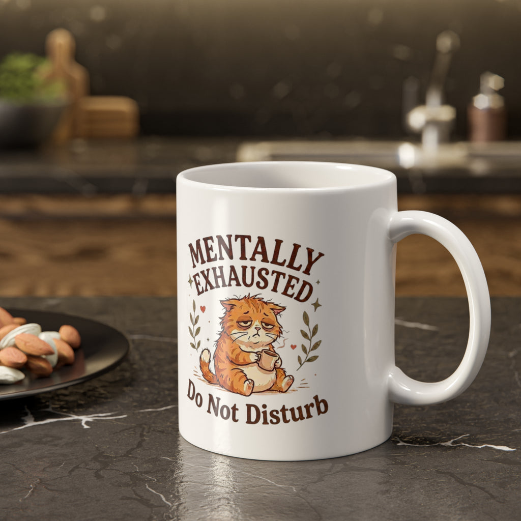 Mentally Exhausted Cat Mug – Do Not Disturb Funny Cat Mug