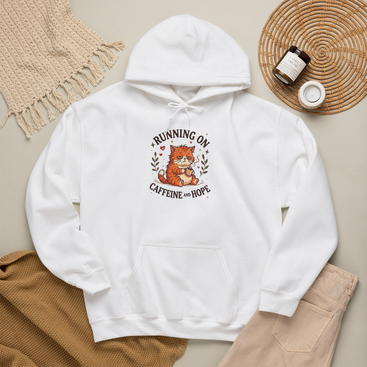 Running on Caffeine and Hope Cat Hoodie – Funny Coffee Lover Hoodie