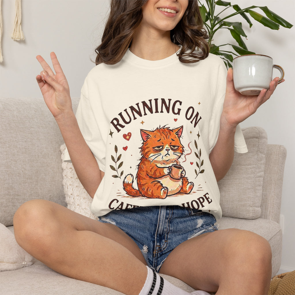 Running on Caffeine and Hope Cat T-Shirt – Funny Coffee Lover Tee