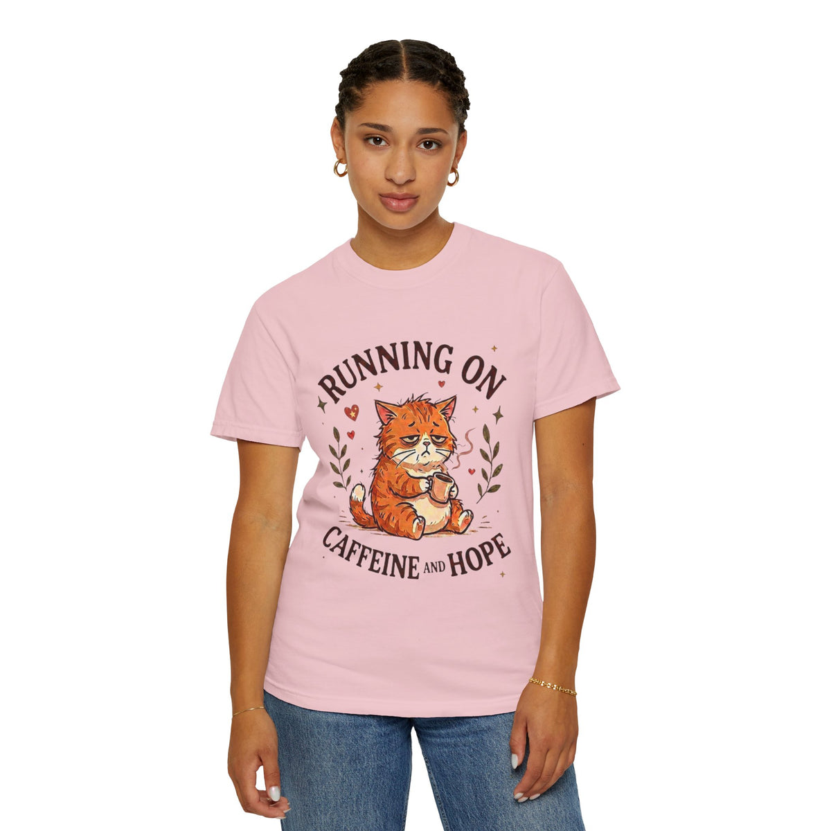 Running on Caffeine and Hope Cat T-Shirt – Funny Coffee Lover Tee