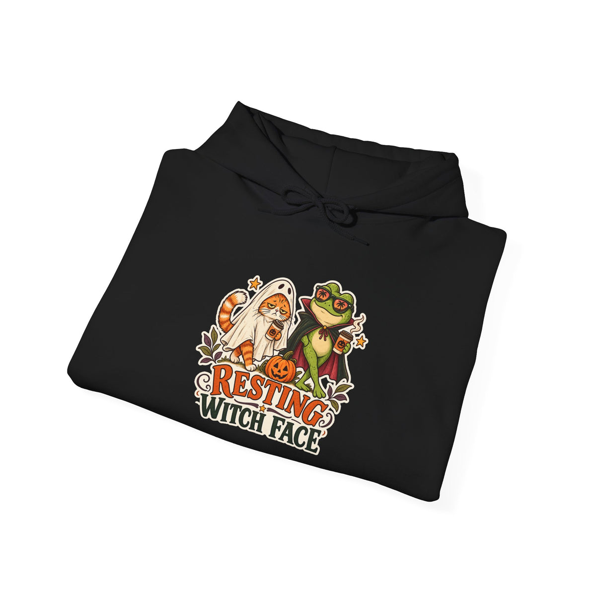 Resting Witch Face Cat and Frog Halloween Hoodie