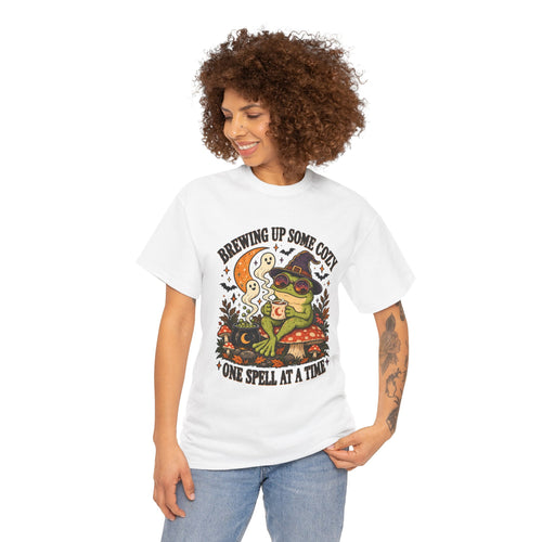 Brewing Up Some Cozy Frog Halloween T-Shirt – Witchy Frog Tee