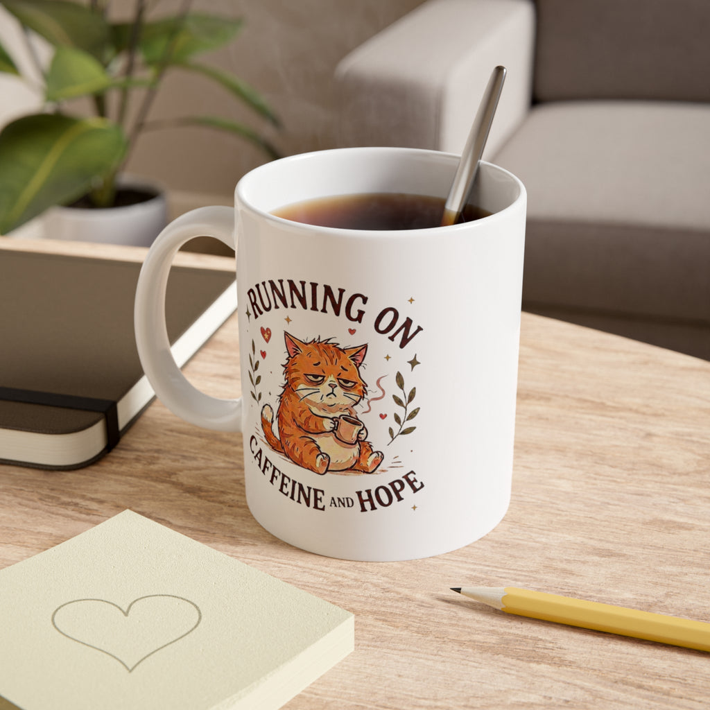Running on Caffeine and Hope Cat Mug – Funny Coffee Lover Mug