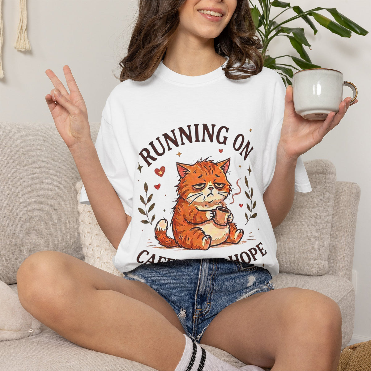 Running on Caffeine and Hope Cat T-Shirt – Funny Coffee Lover Tee