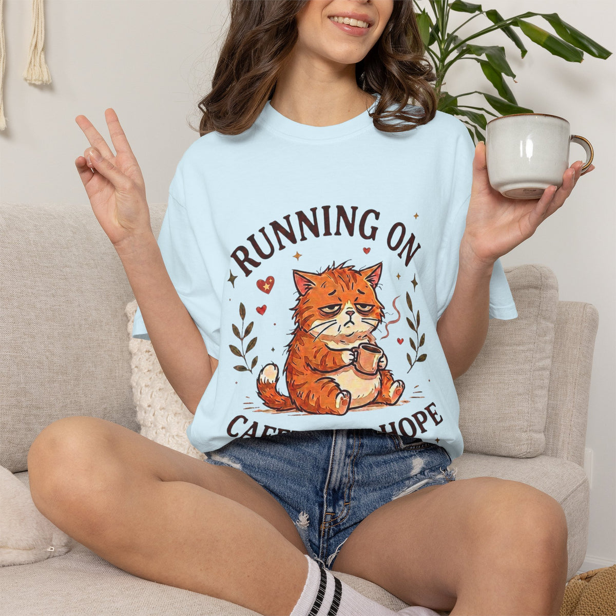 Running on Caffeine and Hope cat T-shirt
