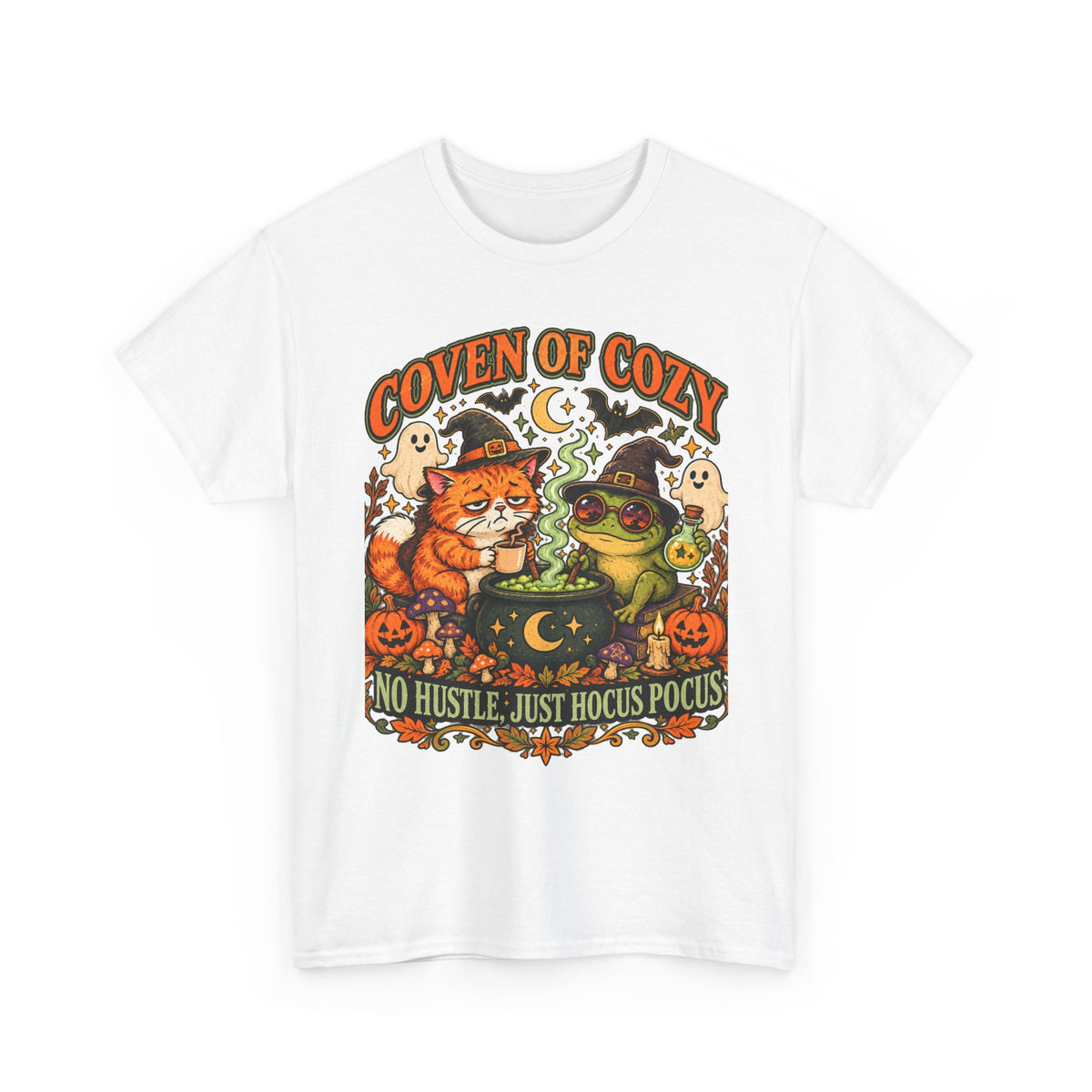Coven of Cozy Cat & Frog Halloween T-Shirt – Cute Witchy Tee