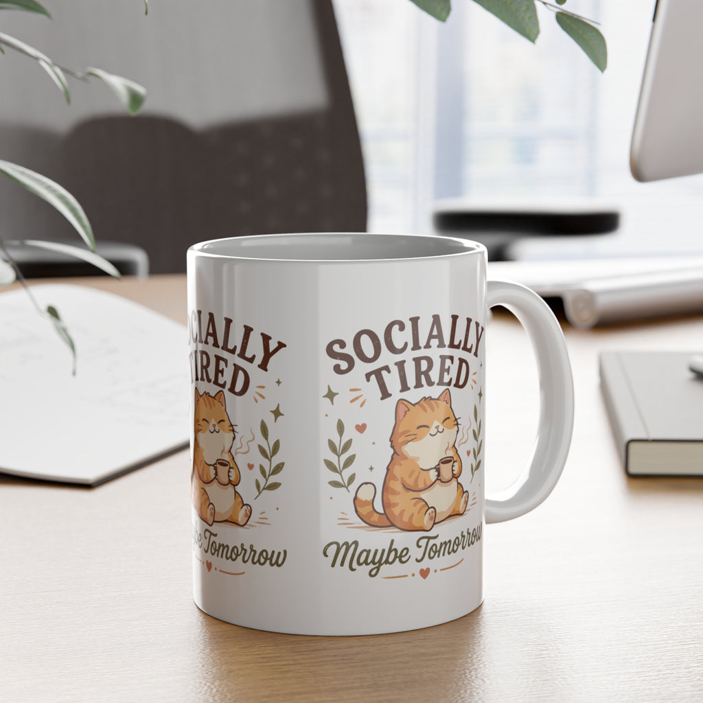 Socially Tired Cat Mug – Maybe Tomorrow Funny Introvert Mug