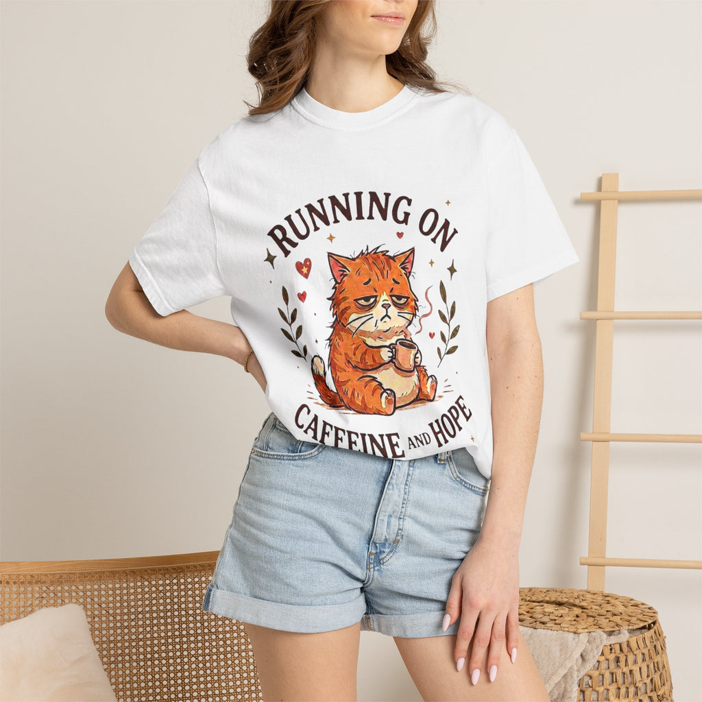 Running on Caffeine and Hope Cat T-Shirt – Funny Coffee Lover Tee