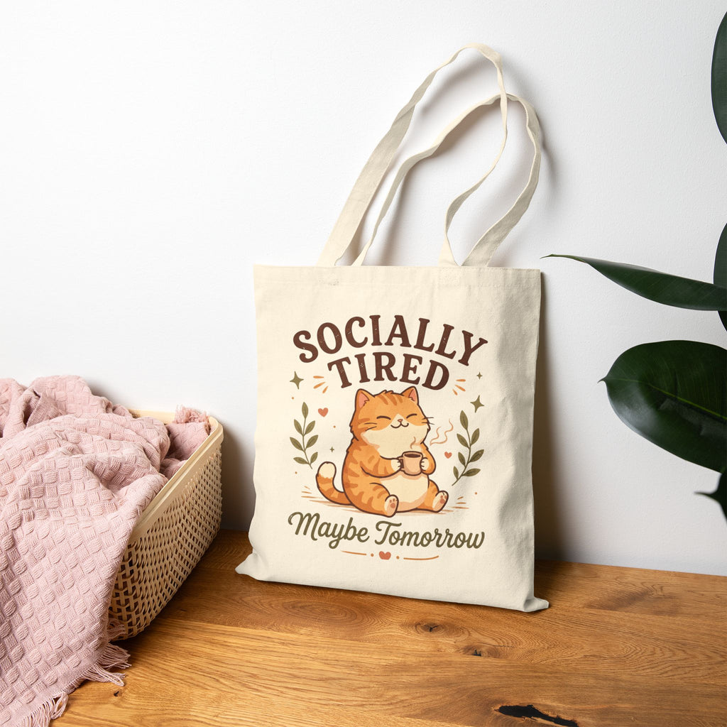 Socially Tired Maybe Tomorrow cat tote bag