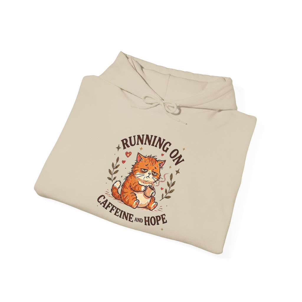Running on Caffeine and Hope Cat Hoodie – Funny Coffee Lover Hoodie