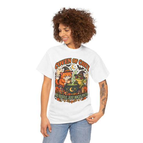 Coven of Cozy Cat & Frog Halloween T-Shirt – Cute Witchy Tee