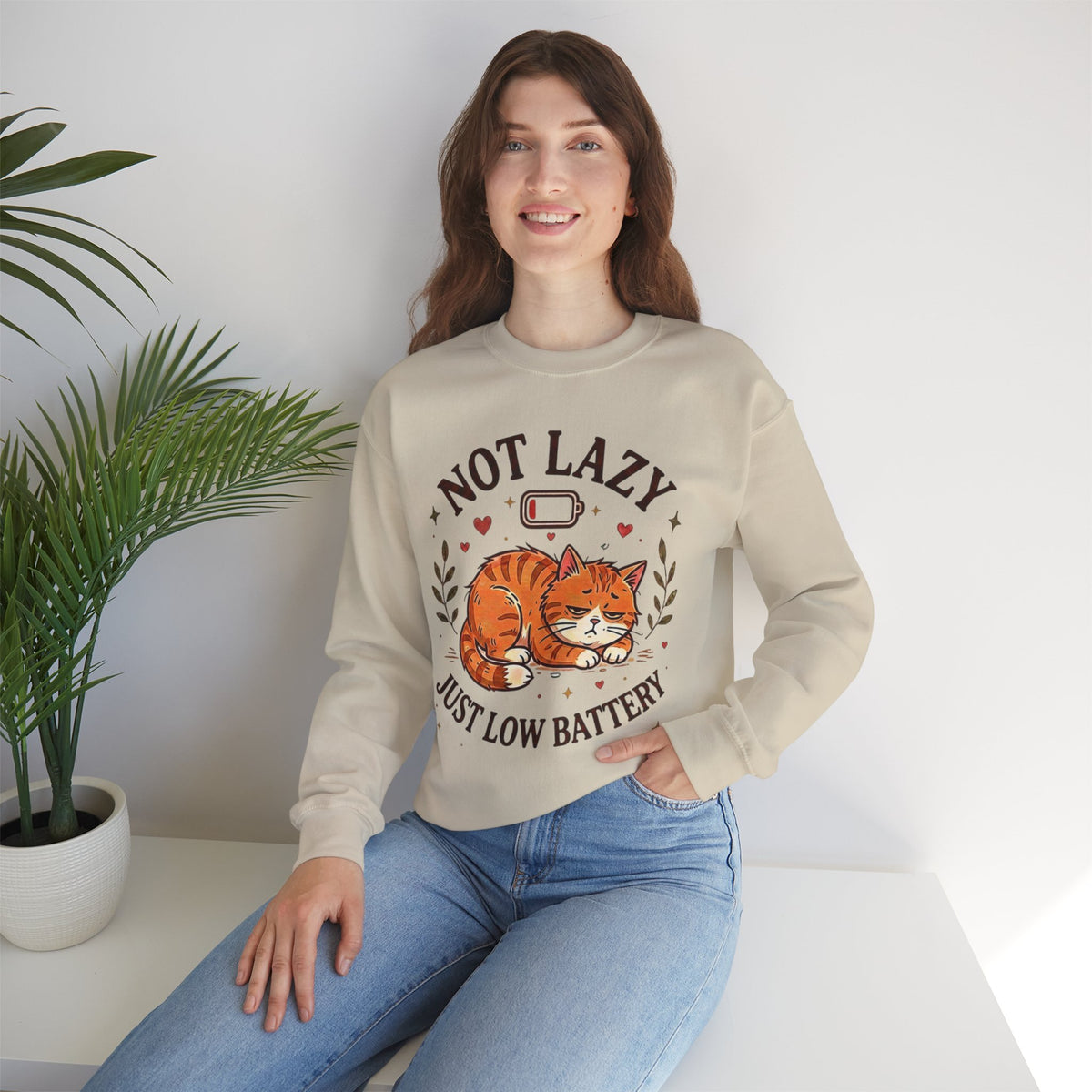 Not Lazy Just Low Battery Cat Sweatshirt – Funny Tired Cat Crewneck