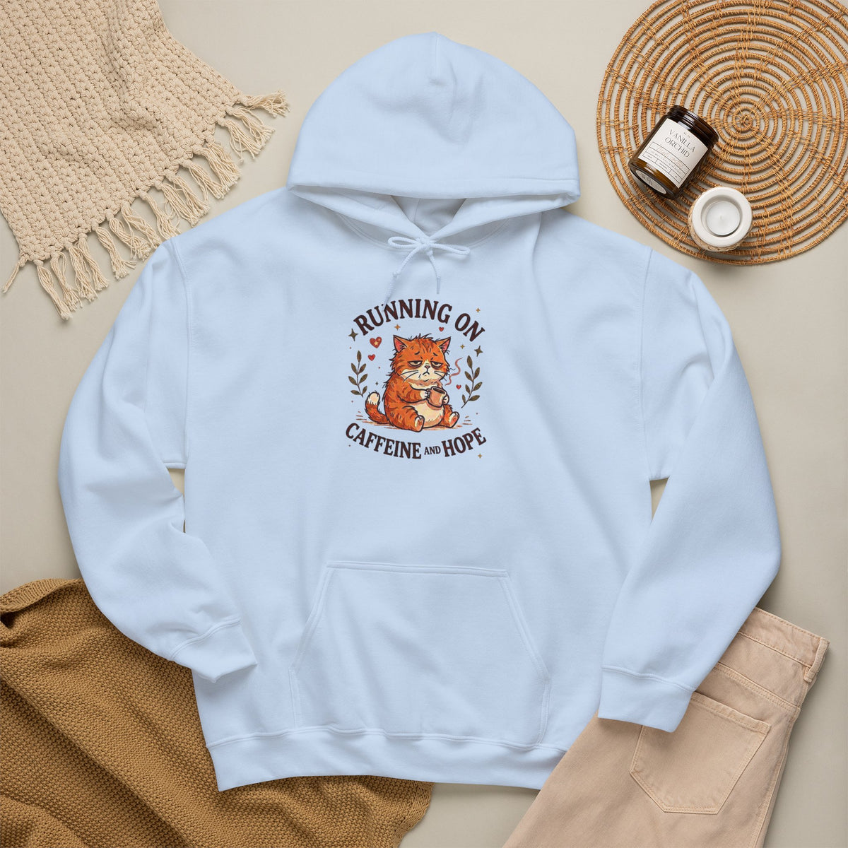 Running on Caffeine and Hope Cat Hoodie – Funny Coffee Lover Hoodie