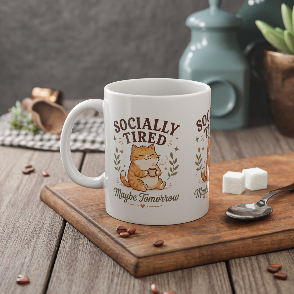 Socially Tired Cat Mug – Maybe Tomorrow Funny Introvert Mug