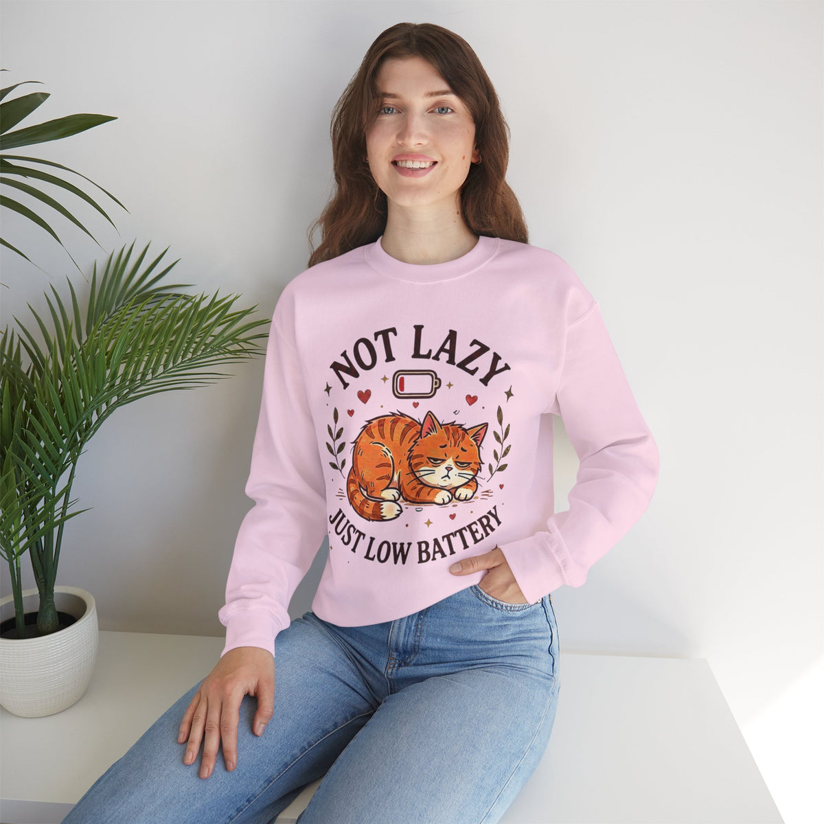 Not Lazy Just Low Battery Cat Sweatshirt – Funny Tired Cat Crewneck