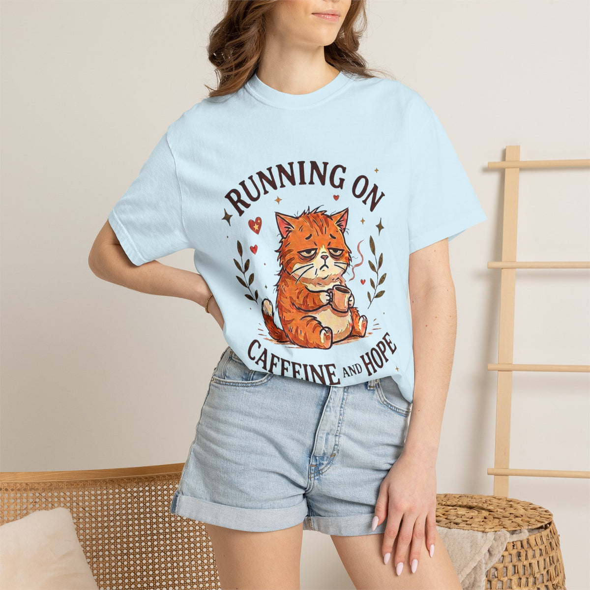 Running on Caffeine and Hope Cat T-Shirt – Funny Coffee Lover Tee